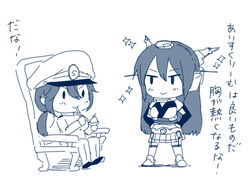  2girls bad_id bad_pixiv_id blue_theme commentary_request eating female_admiral_(kancolle) food hair_between_eyes headgear ice_cream ikeshita_moyuko kantai_collection long_hair monochrome multiple_girls nagato_(kancolle) shiomi_kaoru 