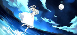  barefoot blonde_hair blue_theme cloud commentary_request dress drill_hair dutch_angle female floating full_body full_moon house long_hair looking_back marnie_(omoide_no_marnie) moon night ocean omoide_no_marnie short_sleeves watanabe_junko water white_dress 