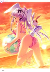  :d ;d absurdres animal_ears ass ball bare_shoulders barefoot beachball bikini dutch_angle feet female hatsuyuki_sakura highres innertube letterboxed light_purple_hair long_hair looking_back moribe_(rabumanyo) ocean one_eye_closed open_mouth ponytail purple_eyes rabbit rabbit_ears scan side-tie_bikini_bottom smile soles solo strap_gap striped_bikini striped_clothes sunset swim_ring swimsuit tamaki_sakura toes wading water 