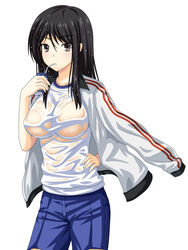  a_certain_high_school_gym_uniform bad_id bad_pixiv_id black_hair blue_shorts blush breasts brown_eyes commentary_request drinking female fukiyose_seiri gym_shirt gym_shorts gym_uniform holding_carton jacket jacket_on_shoulders large_breasts long_hair long_sleeves milk_carton no_bra open_clothes open_jacket see-through see-through_shirt shima-shuu shirt short_sleeves shorts solo sportswear standing toaru_majutsu_no_index track_jacket wet wet_clothes wet_shirt white_jacket white_shirt 