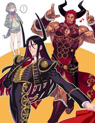  ... 2boys absurdres anger_vein azuma_toh beard black_hair blue_ribbon commentary_request cosplay cow_horns cowboy_shot cropped_jacket crossover draph facial_hair fate/grand_order fate/zero fate_(series) female geta gradient_ribbon granblue_fantasy gray_(fate) hair_between_eyes hands_in_pockets highres hood hood_up hoodie horns iskandar_(fate) juuni_taisen kashii_eiji kashii_eiji_(cosplay) kemono_friends long_hair look-alike lord_el-melloi_ii lord_el-melloi_ii_case_files matador multiple_boys multiple_crossover muscular musical_note neck_ribbon necktie outline pink_ribbon red_hair red_necktie ribbon sidelocks sleeveless snake_print spoken_ellipsis sword tsuchinoko_(kemono_friends) tsuchinoko_(kemono_friends)_(cosplay) two-tone_background waver_velvet weapon 