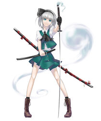  ascot black_hairband boots commentary_request cross-laced_footwear dual_wielding female flower full_body ghost gloves green_eyes grey_hair hairband head_tilt highres holding konpaku_youmu konpaku_youmu_(ghost) legs looking_at_viewer makie_fujiyuki pigeon-toed scabbard sheath short_hair simple_background single_glove smile solo sword touhou weapon white_background 