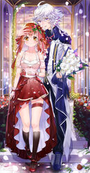  1boy ahoge alternate_costume alternate_hairstyle arm_strap black_socks blue_footwear blush bouquet breasts brown_eyes calla_lily camellia cleavage collarbone commentary fate/grand_order fate_(series) fate_abn female fingerless_gloves flipped_hair flower fujimaru_ritsuka_(female) full_body gloves hair_between_eyes hand_on_another&#039;s_head hand_on_own_stomach high-low_skirt high_heels highres holding holding_bouquet indoors kneehighs looking_at_viewer lupinus_(flower) medium_breasts medium_hair merlin_(fate) miniskirt neck_ribbon orange_hair orchid petals photoshop_(medium) pink_flower pink_gloves pink_ribbon pink_rose purple_eyes red_flower red_footwear red_rose red_skirt ribbon rose short_hair skirt smile socks standing symbol-only_commentary thigh_strap walking white_flower white_hair 