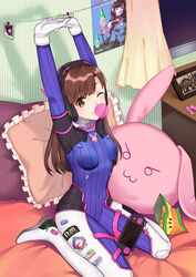  :3 animal_print armor arms_up bad_id bad_pixiv_id bed_sheet blowing_bubbles blue_bodysuit blush bodysuit boots bracer breasts brown_eyes brown_hair charm_(object) chewing_gum chips_(food) clothes_pin covered_navel curtains d.va_(overwatch) emblem facepaint facial_mark female fingers_together food frilled_pillow frills gloves handheld_game_console headphones high_collar interlocked_fingers logo long_hair medium_breasts on_bed one_eye_closed overwatch overwatch_1 own_hands_clasped own_hands_together pauldrons photo_(object) pillow pilot_suit playstation_portable poster_(object) rabbit-shaped_pillow rabbit_print ribbed_bodysuit shoulder_armor shoulder_pads sitting skin_tight smile_(mm-l) solo stretching string thigh_boots thigh_strap thighhighs turtleneck v-shaped_eyebrows wariza whisker_markings white_footwear white_gloves window 