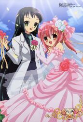  2000s_(style) 2girls :d absurdres akihime_sumomo aoki_miho bride dress elbow_gloves formal gloves groom highres ibe_yukiko magazine_scan megami_magazine multiple_girls nanatsuiro_drops official_art open_mouth pant_suit pants pink_dress pink_hair scan short_hair smile suit wedding_dress wife_and_wife yaeno_nadeshiko yuki-chan yuri 