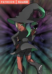  cephalopod_humanoid dark-skinned_female dark_skin female green_eyes kiroxiii marina_(splatoon) nintendo octoling solo splatoon splatoon_2 watermark witch_hat 