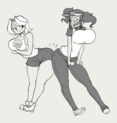  2girls angstrom ass breasts cap curvy female female_only female_with_female females_only huge_ass huge_breasts human jeans pizza_thot shirt shoes short_shorts thick_thighs tips_(gats) yuri 