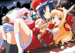  +_+ 2girls all_fours anonono antlers armpits ass bare_shoulders belt bent_over between_thighs black_legwear blonde_hair blue_eyes blue_hair blue_panties blush bow candy candy_cane chains christmas cityscape collar cowgirl_position dress elbow_gloves finger_in_own_mouth food fur-trimmed_dress fur-trimmed_gloves fur-trimmed_headwear fur_trim gift gloves hair_tubes hairband hairbow hat horns kneehighs komiya_momiji legs long_hair looking_at_viewer looking_back lying multiple_girls naughty_face night night_sky official_art on_back on_stomach open_mouth oumori_erisu outdoors panties pantyshot parted_bangs pom_pom_(clothes) red_gloves rooftop sack santa_costume santa_hat scan shadow short_dress short_hair sidelocks silhouette sky smile snow snowing socks souryuu_(double_dragon) striped_clothes striped_panties stuffed_animal stuffed_toy teddy_bear thighhighs tongue underwear white_legwear white_panties yuri 