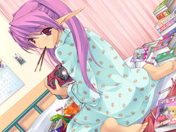  barefoot bed calendar_(object) candy dutch_angle elf feet female food game_cg handheld_game_console looking_back manga_(object) mouth_hold onigirikun pajamas pastel_chime pastel_chime_continue phil_ehart playing_games pocky pointy_ears print_pajamas purple_hair red_eyes sitting snack solo very_long_ears video_game wariza 