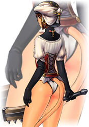  ass black_gloves brown_eyes brown_hair cat_girl cat_tail closed_mouth club_(weapon) corset elbow_gloves facial_mark female final_fantasy final_fantasy_xi frown gloves hat holding holding_club holding_weapon mihli_aliapoh mithra_(ff11) puffy_short_sleeves puffy_sleeves red_corset shirt short_hair short_sleeves sideways_mouth simple_background solo spikes standing tail tail_through_clothes taisai_soft thighs turtleneck weapon whisker_markings white_background white_hat white_shirt zoom_layer 