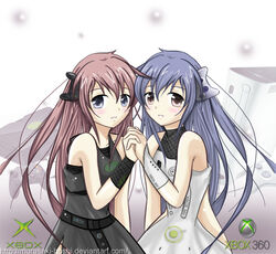  2girls commentary deviantart_username dress english_commentary game_console microsoft multiple_girls murasaki-hoshi personification photoshop_(medium) siblings sisters web_address xbox-tan xbox_360 