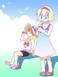  2girls alice_margatroid alternate_costume blonde_hair blue_dress blue_eyes casual cloud contemporary dress drink hat kirisame_marisa multiple_girls opening_can photoshop_(medium) pink_footwear shaomin shirt shorts touhou white_shirt 