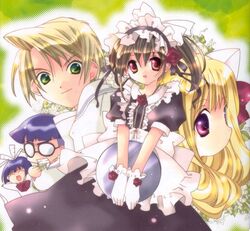  2boys 3girls animal_ears apron ayanokoji_takashi blonde_hair brown_hair cat_ears dress flower glasses gloves green_eyes hairband koge_donbo lolita_hairband long_hair maid misha_(pita_ten) mitarai_hiroshi mitarai_kaoru multiple_boys multiple_girls pita_ten purple_eyes purple_hair red_eyes red_flower red_rose ribbon rose shia_(pita_ten) smile tray uematsu_koboshi white_gloves 