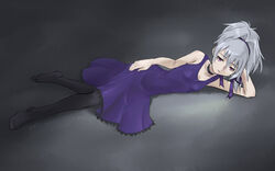  choker darker_than_black dress feet female flat_chest grey_hair hair_intakes hair_ribbon long_hair looking_at_viewer lying no_shoes pantyhose ponytail purple_dress red_eyes ribbon sleeveless solo ugai_yuichi white_hair yin_(darker_than_black) 