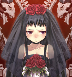  ar_tonelico ar_tonelico_ii black_veil blush bouquet bridal_veil bride dark_bride dress female floral_print flower frown goth_fashion jakuri_(ar_tonelico) nose_blush purple_eyes red_flower red_rose rose rose_print solo tasaka_shinnosuke veil wedding_dress 