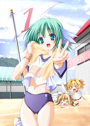  3girls animal_ears blue_eyes buruma chibi flag green_hair gym_uniform midriff moekibara_fumitake multiple_girls navel nikke_(purism_egoist) numbered_flag piz purism_egoist rabbit_ears run_(purism_egoist) running_track sports_festival towel track_and_field v white_flag 