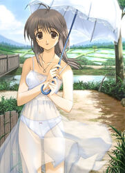  artist_request bra brown_eyes brown_hair comic_party dress female lingerie long_hair makimura_minami panties photoshop_(medium) see-through solo umbrella underwear white_bra 