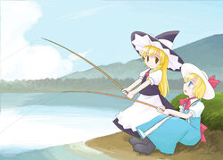  2girls alice_margatroid blonde_hair fishing fishing_rod holding holding_fishing_rod kirisame_marisa multiple_girls photoshop_(medium) shaomin touhou 