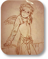  aaru_sentou_shuudan angel bow brown_theme female glasses haibane_renmei hairbow halo hikari_(haibane) long_hair monochrome ponytail rounded_corners solo wings 