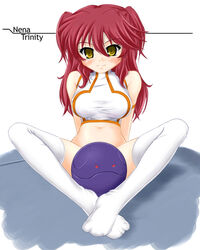  bad_haro blush bottomless commentary_request feet female gundam gundam_00 haro katsuragi_niya nena_trinity photoshop_(medium) red_hair solo thighhighs yellow_eyes 