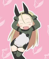  :d ^_^ ahoge animal_ears arms_up blonde_hair blush caramelldansen chibi closed_eyes dancing elise_von_dietrich fake_animal_ears female flat_chest gaou_(babel) gloves green_gloves green_thighhighs hairband happy headgear leaning leotard logo long_hair motion_slit open_mouth outline parody photoshop_(medium) pilot_suit pink_background popotan silhouette sky_girls smile solo thigh_gap thighhighs very_long_hair white_leotard 