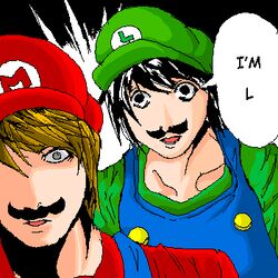  2boys artist_request bags_under_eyes black_eyes black_hair blue_overalls brown_hair cosplay crossover death_note english_text facial_hair grey_eyes i_am_l l_(death_note) lowres luigi luigi_(cosplay) male_focus mario mario_(cosplay) mario_(series) moustache multiple_boys oekaki open_mouth overalls parody single_letter source_request speech_bubble what wide-eyed yagami_light 