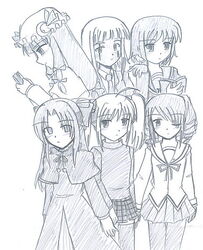  6+girls artist_request book character_request crossover dandere greyscale holding holding_book len_(tsukihime) mahou_sensei_negima! melty_blood monochrome multiple_crossover multiple_girls nagato_yuki open_book patchouli_knowledge pointy_ears primula reading shuffle! sketch suzumiya_haruhi_no_yuuutsu thighhighs touhou tsukihime type-moon zazie_rainyday 