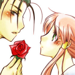  1boy aria_(manga) female flower hair_tubes izumo_akatsuki kagura_(anomalo-anima) lowres mizunashi_akari red_flower red_rose rose sidelocks 