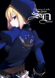  black_background blonde_hair english_text fantasy_earth fantasy_earth_zero female from_behind hat juliet_sleeves long_sleeves looking_at_viewer looking_back photoshop_(medium) puffy_sleeves purple_eyes shingo_(missing_link) simple_background solo warrior_(fantasy_earth) warrior_(jeanne_outfit)_(fantasy_earth_zero) 