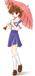  :d antenna_hair blue_skirt brown_footwear brown_hair clannad female full_body furukawa_nagisa hair_ornament hairclip hikarizaka_private_high_school_uniform kneehighs mizuna_(water_emp-tei) open_mouth rain school_uniform serafuku shoes short_sleeves skirt smile socks solo standing standing_on_one_leg suspender_skirt suspenders umbrella white_background white_socks 