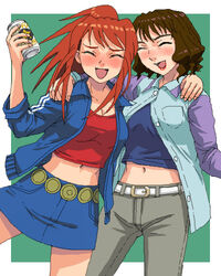  2girls :d ^_^ alcohol bad_id beer beer_can belt blush border can closed_eyes crop_top drink_can drunk green_background holding holding_can jacket lowres md5_mismatch midriff multiple_girls my-hime navel nigou oekaki red_shirt sagisawa_youko shirt simple_background skirt smile sugiura_midori white_border 