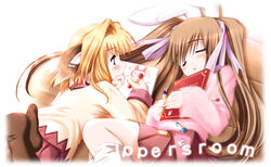  2girls animal_ears blonde_hair blush book cat_ears closed_eyes drawing_(action) drawing_(object) hair_ribbon long_hair lying moekibara_fumitake multiple_girls on_stomach photoshop_(medium) piz purism_egoist rabbit_ears ribbon run_(purism_egoist) short_hair skirt sleeping thighhighs twintails very_long_hair 