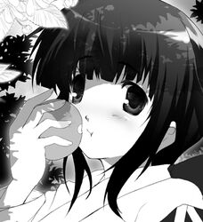  apple female food fruit greyscale holding holding_food holding_fruit kashi lowres monochrome original solo 