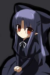  black_background black_dress blue_hair bow commentary_request dress expressionless eyes_visible_through_hair female hairbow half_updo jpeg_artifacts len_(tsukihime) long_hair long_sleeves looking_at_viewer lowres md5_mismatch melty_blood painttool_sai_(medium) pointy_ears putiren red_eyes simple_background solo tsukihime 