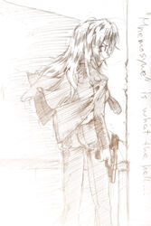  asatana asougi_rin brown_theme english_text female gun handgun locked_slide mnemosyne monochrome sketch solo weapon 