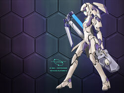  android aqua_eyes artist_request copyright_name female flat_chest gun high_heels highres honeycomb_(pattern) honeycomb_background joints no_pupils phantasy_star phantasy_star_online purple_background racaseal robot_joints shoes solo standing text_focus twintails weapon 