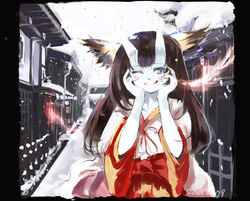  black_hair blue_eyes female fire_ii horns japanese_clothes shunsei_(muratou) solo tongue viprpg 