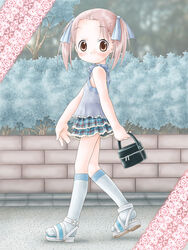  bag blush brown_eyes camisole embarrassed female flat_chest frills hair_ribbon handbag ichigo_mashimaro kneehighs legs lolicon looking_back matsuoka_miu outdoors pink_hair plaid ribbon sandals shoes short_twintails skirt socks solo standing twintails walking zummy 