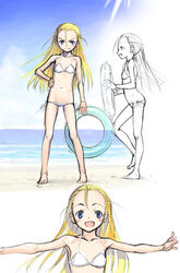  &gt;:) :d barefoot beach bikini blonde_hair blue_eyes blush closed_mouth cloud collarbone day elise_von_dietrich fang_out female flat_chest groin hair_between_eyes halterneck holding innertube long_hair looking_at_viewer lowleg lowleg_bikini navel oerba_yun_fang open_mouth outdoors outstretched_arms partially_colored photoshop_(medium) satou_atsuki side-tie_bikini_bottom sideways_mouth sketch sky sky_girls smile spread_arms standing sunlight swim_ring swimsuit v-shaped_eyebrows very_long_hair white_bikini 