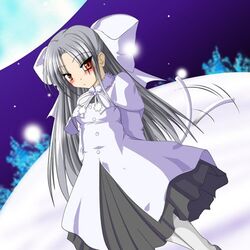  albino blush commentary_request female full_moon half_updo lowres melty_blood mon_deep_(mitsuki) moon pantyhose pointy_ears red_eyes snow solo tail tsukihime white_hair white_len_(tsukihime) 