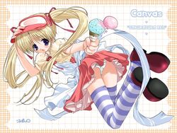  blonde_hair blue_eyes blush canvas_(cocktail_soft) female food hat ice_cream_cone morinaga_korune panties polka_dot polka_dot_panties sakurazuka_ren signature solo thighhighs underwear 