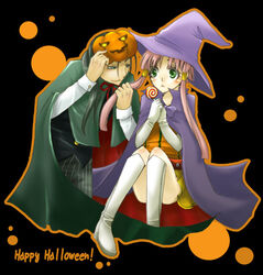  1boy alternate_costume aria_(manga) artist_request black_background boots candy cape female food gloves green_eyes hair_tubes halloween happy_halloween hat izumo_akatsuki lollipop long_hair mizunashi_akari pants pink_hair pinstripe_pattern short_hair_with_long_locks sidelocks striped swirl_lollipop witch_hat 