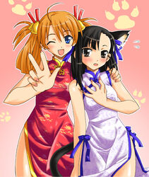  2girls :d animal_ears black_hair blue_eyes blush brown_eyes cat_ears china_dress chinese_clothes dress kagurazaka_asuna mahou_sensei_negima! multiple_girls one_eye_closed open_mouth orange_hair oyama_(fortune_pandora) photoshop_(medium) sakurazaki_setsuna short_hair smile v w 