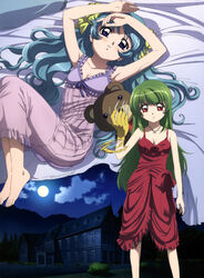  2girls angry antenna_hair armpits arms_up artist_request barefoot bed blue_eyes blue_hair blush bow breasts building claws cleavage cloud dress flat_chest from_above frown green_hair highres inukami! jewelry lingerie long_hair lying medium_breasts moon multiple_girls necklace night night_sky nightgown official_art on_back outdoors pendant red_eyes scan shindou_kei_(inukami) sky standing stuffed_animal stuffed_toy teddy_bear torn_clothes underwear very_long_hair wavy_hair youko_(inukami) 