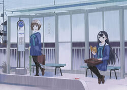  2girls black_legwear bus_stop kazuto_izumi multiple_girls original pantyhose photoshop_(medium) rain school_uniform serafuku taking_shelter 