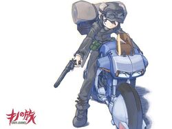  androgynous armor bag commentary_request female fur_hat gun handgun hat kikou_souseiki_mospeada kino_(kino_no_tabi) kino_no_tabi mecha mospeada mospeada_(mecha) motor_vehicle motorcycle on_motorcycle power_armor reverse_trap revolver riding robot science_fiction short_hair solo ugai_yuichi weapon 