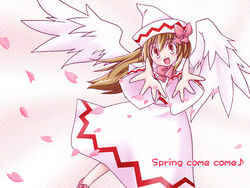  blush bow brown_hair cherry_blossoms dress english_commentary female hairbow hat lily_white long_sleeves looking_at_viewer outstretched_arms petals photoshop_(medium) pink_bow red_eyes shaomin solo tate_eboshi touhou white_dress white_wings wings 