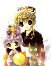  2girls animal black_cat blush bow brown_bow brown_eyes brown_hair collarbone feline fur green_eyes hair_ornament hairbow height_difference highres japanese_clothes kimono koge_donbo lolicon looking_at_viewer multiple_girls nyaa-san pita_ten pointy_ears purple_hair scan shia_(pita_ten) shino_(pita_ten) simple_background slit_pupils smile upper_body white_background wide-eyed 