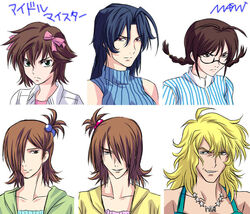  6+boys ahoge akizuki_ritsuko akizuki_ritsuko_(cosplay) ali_al-saachez allelujah_haptism amami_haruka amami_haruka_(cosplay) artist_request blonde_hair blue_hair braid brown_eyes brown_hair cosplay crossdressing futami_ami futami_ami_(cosplay) futami_mami futami_mami_(cosplay) glasses green_eyes gundam gundam_00 hair_bobbles hair_ornament hair_over_one_eye hair_ribbon hoshii_miki hoshii_miki_(cosplay) idolmaster idolmaster_(classic) idolmaster_1 lockon_stratos long_hair male_focus miura_azusa miura_azusa_(cosplay) multiple_boys parody red_eyes ribbon setsuna_f._seiei tieria_erde translated twin_braids 