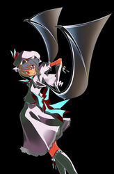  bat_wings black_background black_legwear dress female from_side grey_hair kneehighs looking_at_viewer looking_to_the_side noi_(noi_2y) outstretched_arm puffy_short_sleeves puffy_sleeves red_eyes remilia_scarlet short_hair short_sleeves simple_background socks solo standing thighhighs touhou white_dress wings zettai_ryouiki 